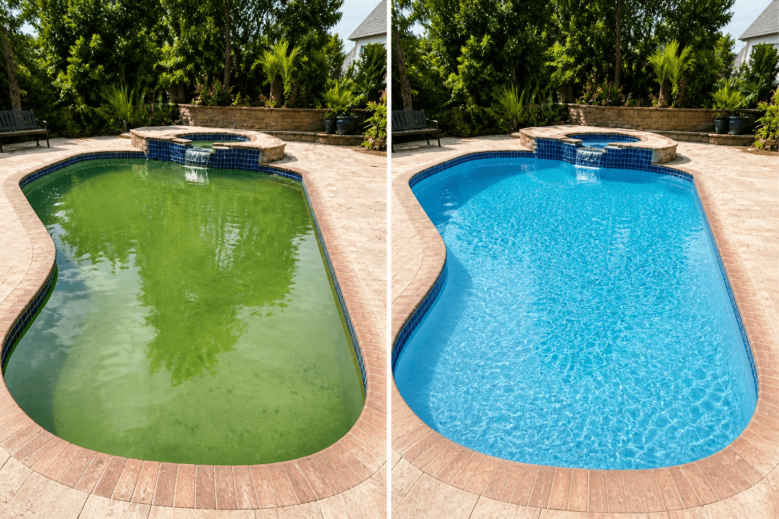 Pool before and after algae removal and deep cleaning