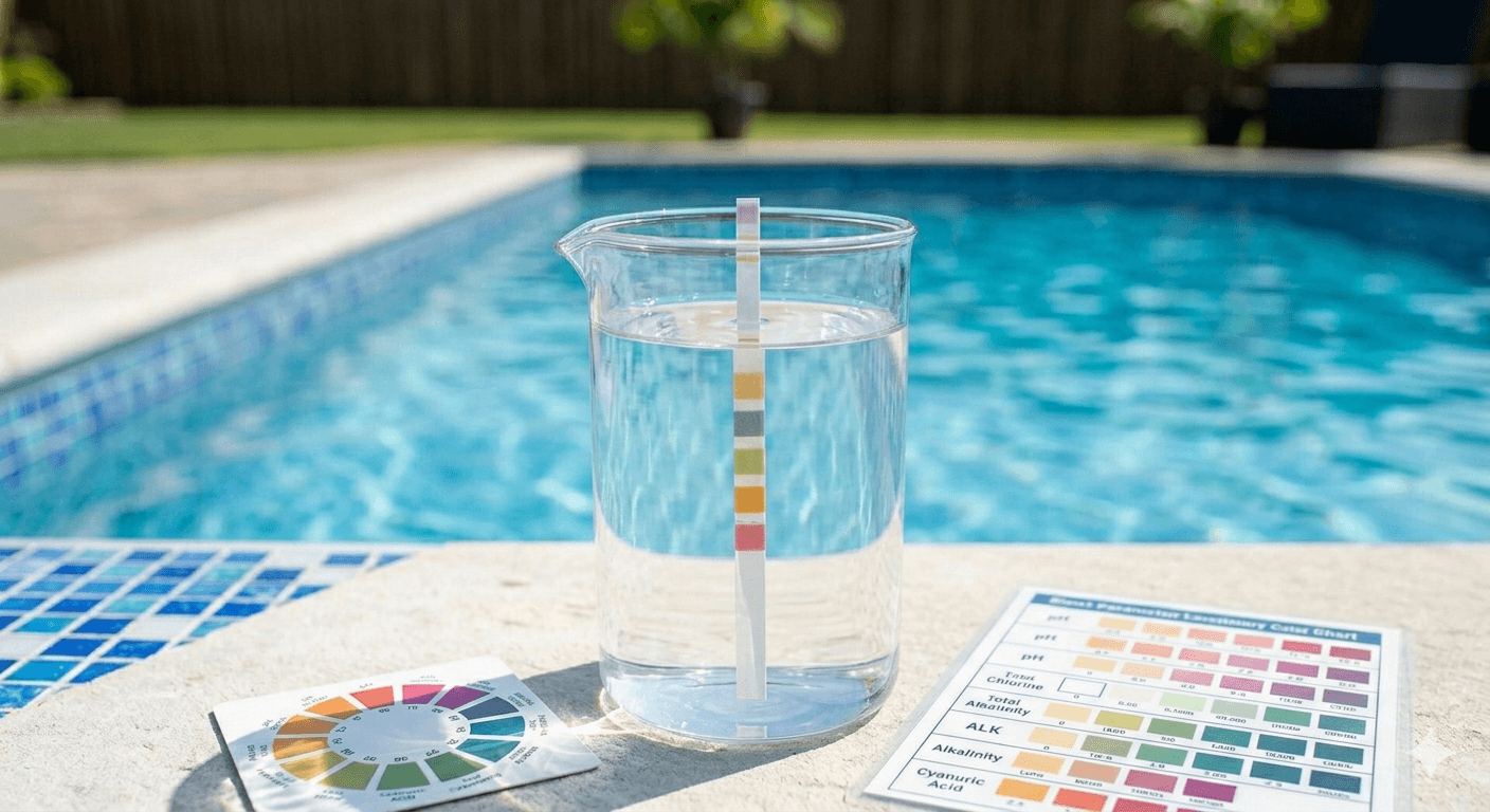 Testing pool water chemistry with a test strip on a pool deck