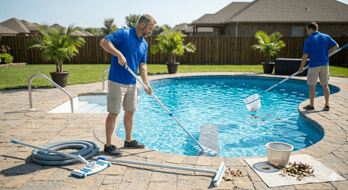 Pool technicians scrubbing and skimming a backyard pool