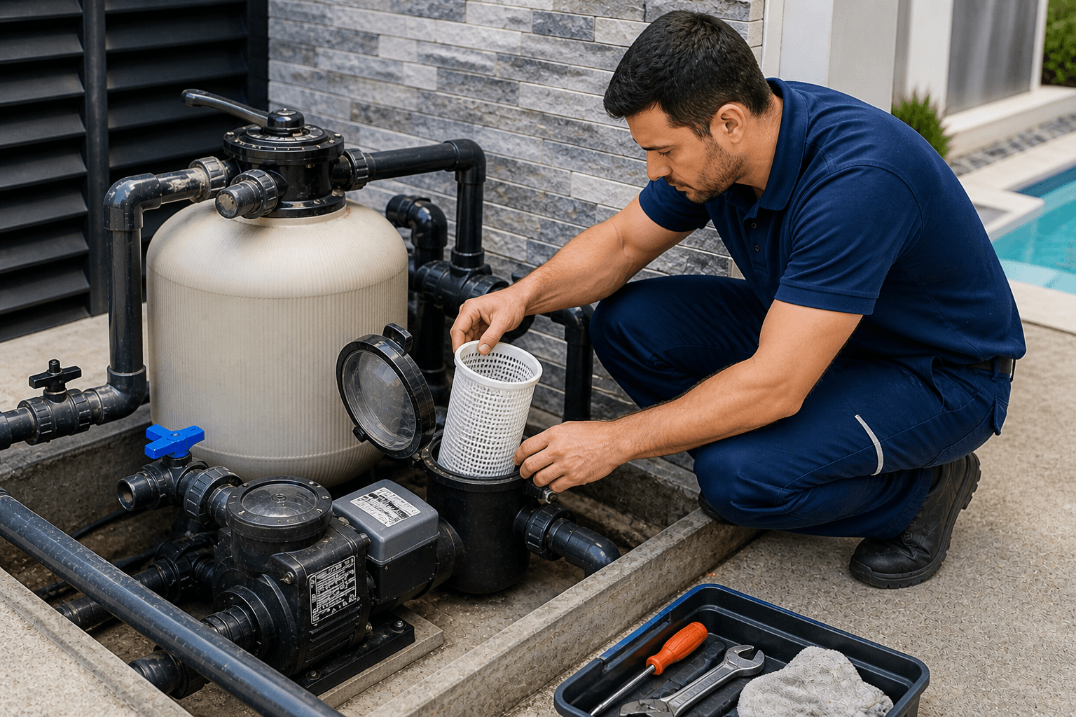 Pool pump and filter system being serviced by a technician