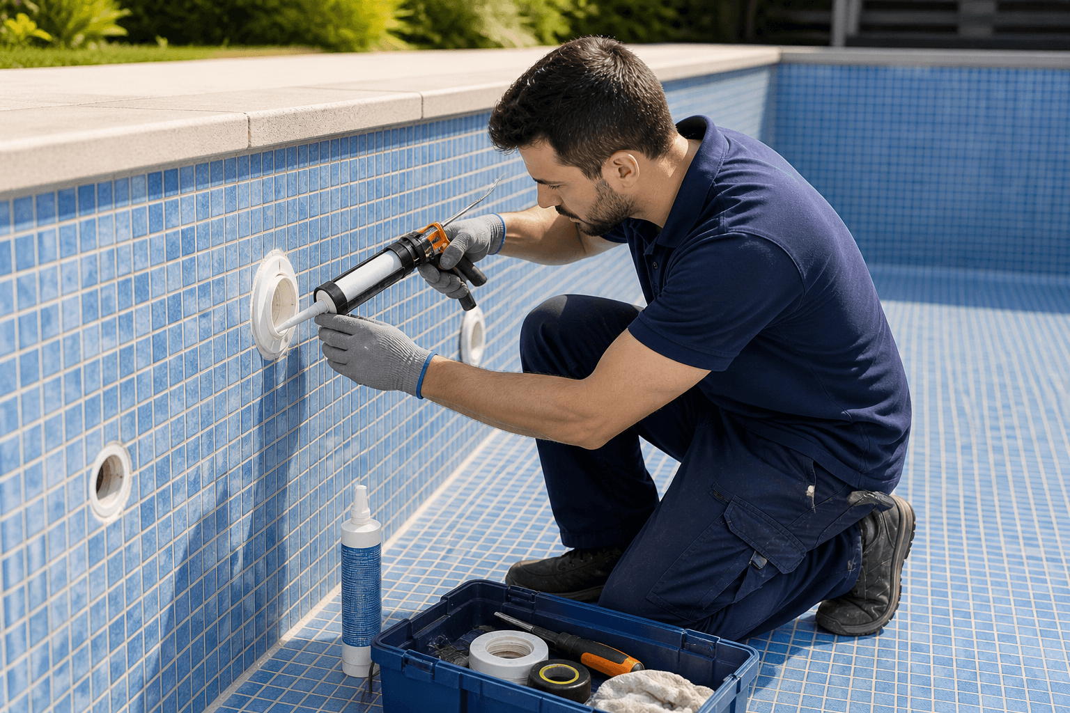 Technician repairing a fitting inside an empty tiled pool